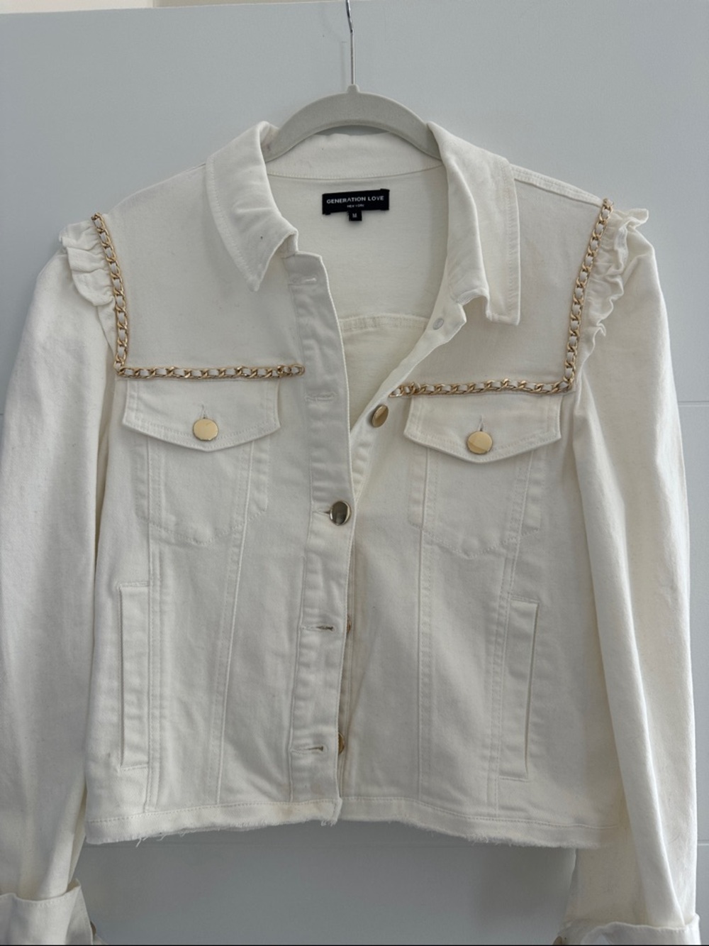Generation Love Whitr Denim Jacket with Gold Chain Trim